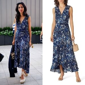 JONATHAN SIMKHAI Palm Print Sleeveless Ruched Waist Wrap V-Neck Midi Dress 6